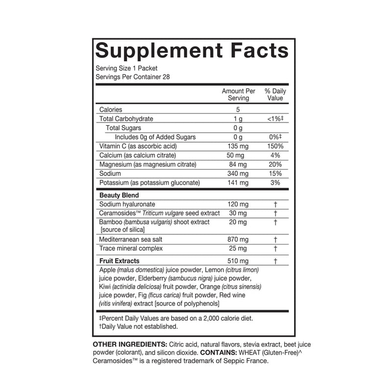 This is a Supplement Facts label for a product, detailing the nutritional information per serving. It lists a serving size of 1 packet with 28 servings per container.
