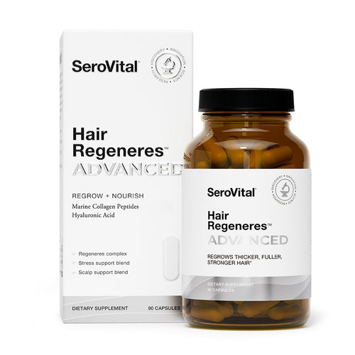 A box and bottle of hair regrowth formula Hair Regeneres ADVANCED on a white background. Bottle details include: Regrows thicker, fuller, stronger hair*