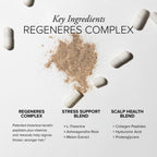 An open capsule with brown powder spilling out and text showing this hair regrowth formula includes a stress support blend, hair regrowth blend, and scalp health blend. Key ingredients include patented bioactive keratin peptides, vitamins, minerals, L-Theanine, Ashwagandha Root, Melon Extract, Collagen Peptides, Hyaluronic Acid and Proteoglycans