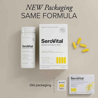 SeroVital formula and quantity has stayed the same but now comes in a new recyclable bottle. Shown next to old packaging and packets.  