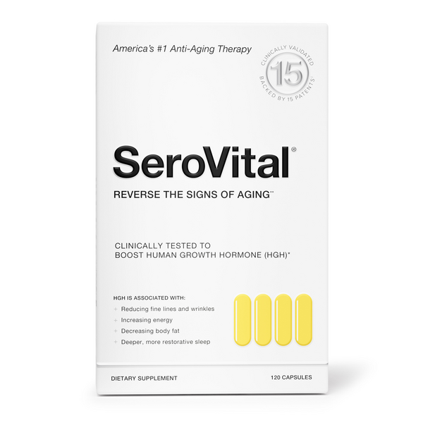Front shot of SeroVital box on a white background. Packaging contains details: America's #1 Anti-Aging Therapy, Reverse the Signs of Aging**, Clinically Tested to Boost Human Growth Hormone (HGH)*, Dietary Supplement, 120 capsules.