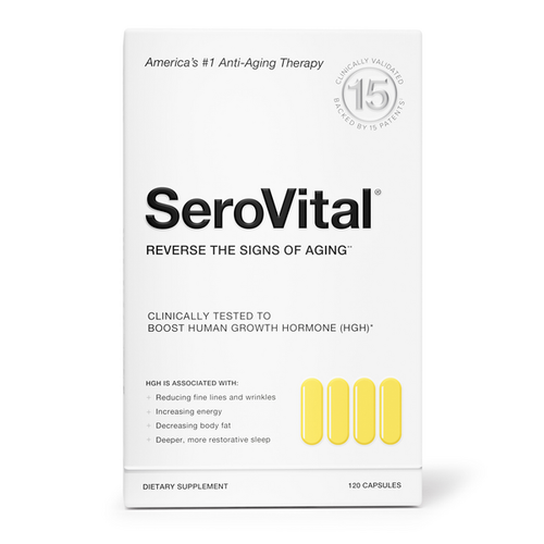 Front shot of SeroVital box on a white background. Packaging contains details: America's #1 Anti-Aging Therapy, Reverse the Signs of Aging**, Clinically Tested to Boost Human Growth Hormone (HGH)*, Dietary Supplement, 120 capsules.