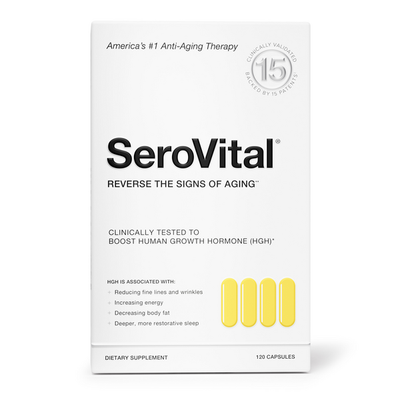 Front shot of SeroVital box on a white background. Packaging contains details: America's #1 Anti-Aging Therapy, Reverse the Signs of Aging**, Clinically Tested to Boost Human Growth Hormone (HGH)*, Dietary Supplement, 120 capsules.