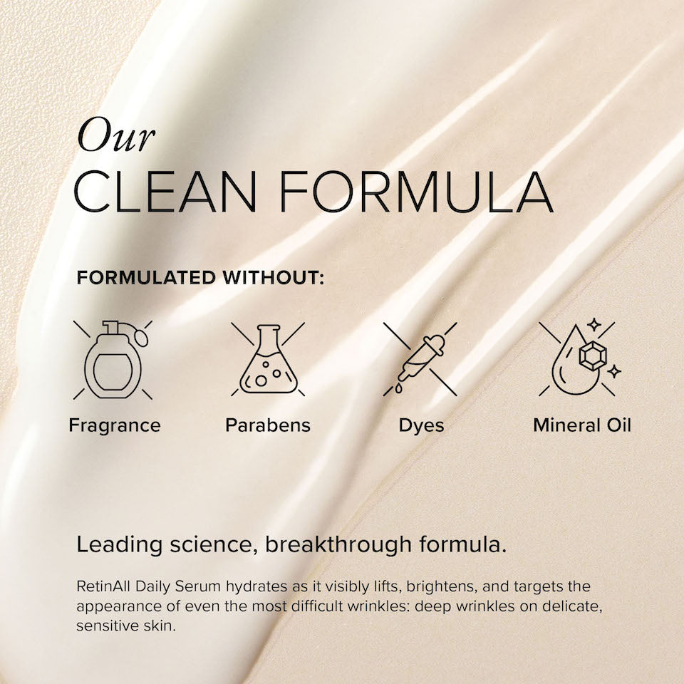 Icons showing SeroVital RetinAll Daily Serum is a clean formula, formulated without fragrance, parabens, dyes, or mineral oil.