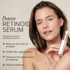 A white woman with brown hair holding a tube of RetinAll Daily Serum, with headline: Potent Retinoid Serum. Additional text showing it reduces the look of wrinkles, visibly lifts sagging skin, improves the appearance of elasticity, and visibly brightens.