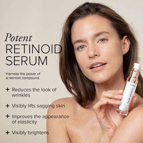 A white woman with brown hair holding a tube of RetinAll Daily Serum, with headline: Potent Retinoid Serum. Additional text showing it reduces the look of wrinkles, visibly lifts sagging skin, improves the appearance of elasticity, and visibly brightens.