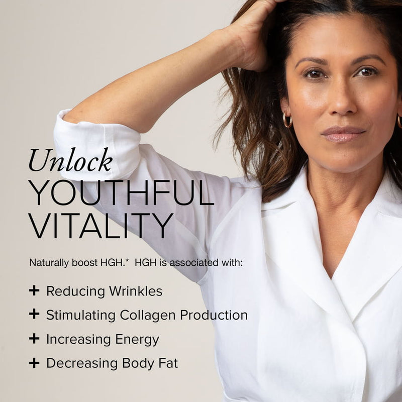 A beautiful, middle-aged white woman in a brown shirt with text that says you can unlock youthful vitality with SeroVital