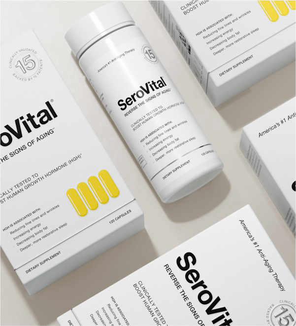 SeroVital supplement boxes and bottle arranged on a light surface, highlighting anti-aging and HGH-boosting benefits with yellow capsule graphics on the packaging.