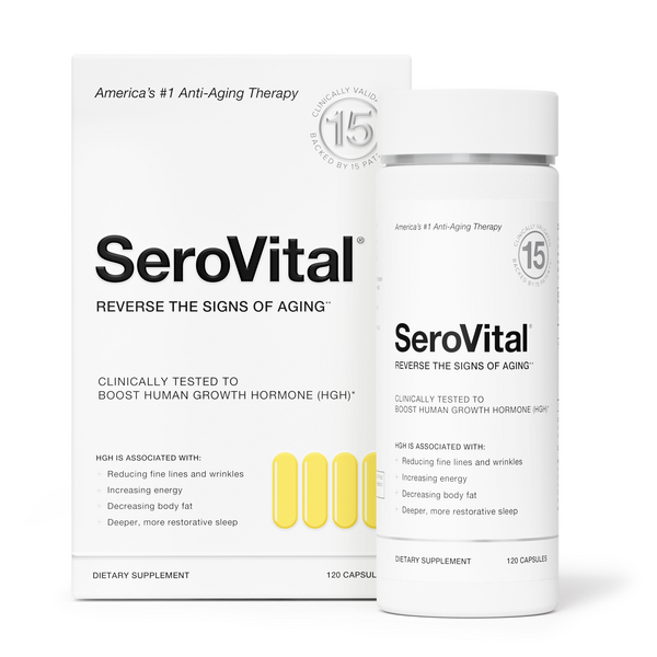 SeroVital anti-aging supplement box and bottle shown side by side, promoting benefits associated with HGH: reducing wrinkles, boosting energy, and improving sleep.