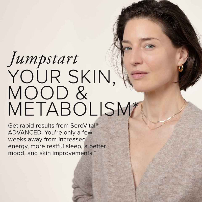 A beautiful, middle-aged white woman in a brown shirt with text that says you can jumpstart your skin, mood, and metabolism with SeroVital ADVANCED