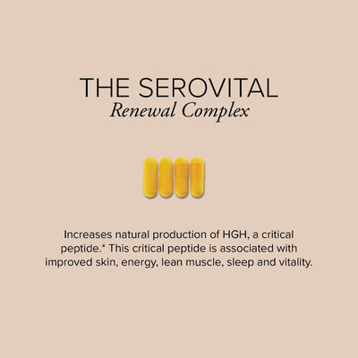 4 yellow capsules on a tan background with text showing that this is the HGH-boosting SeroVital Renewal Complex