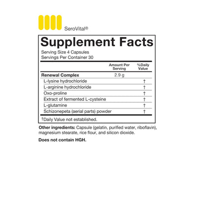 A supplement facts box showing the ingredients contained in the Renewal Complex