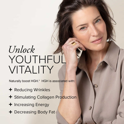 A beautiful, middle-aged white woman in a brown shirt with text that says you can unlock youthful vitality with SeroVital