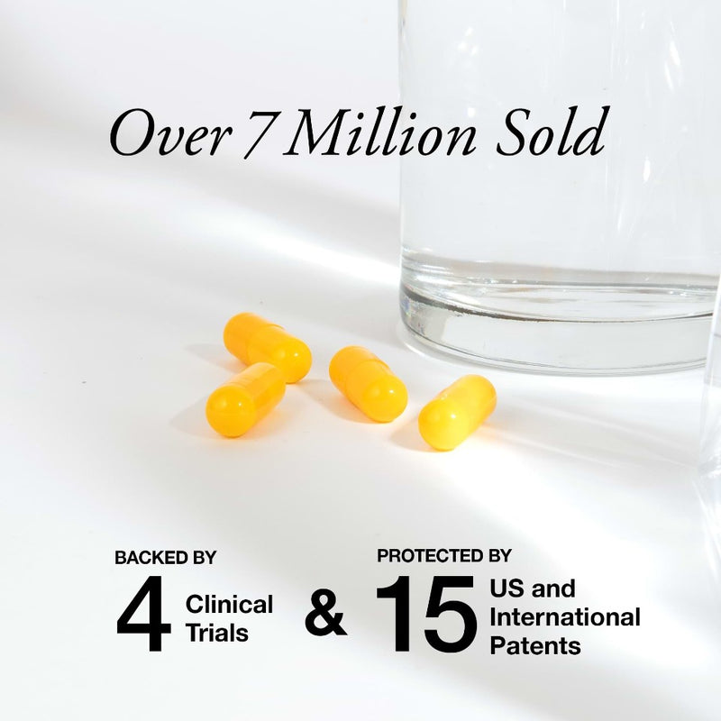 4 yellow capsules lying next to a glass of water with text that shows SeroVital is backed by 4 clinical trials and protected by 15 patents.