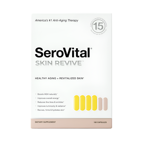 Front view of SeroVital Skin Revive  box on a white background. Box contains details including: America's #1 Anti-Aging Therapy, Healthy Aging + Revitalized Skin, Dietary Supplement, 180 capsules.