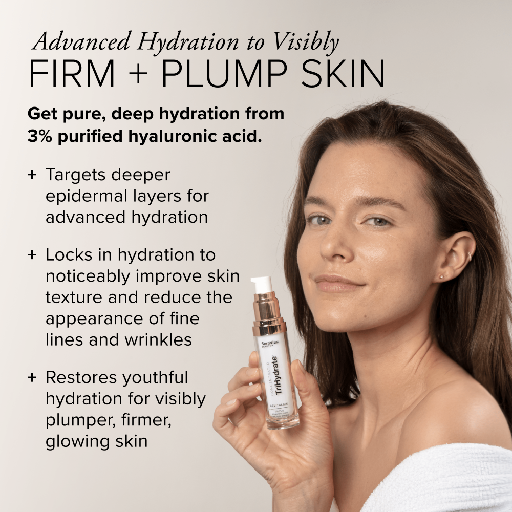 Woman holding a bottle of Trihydrate Concentrate product with text explaining benefits such as advanced hydration and firmer skin