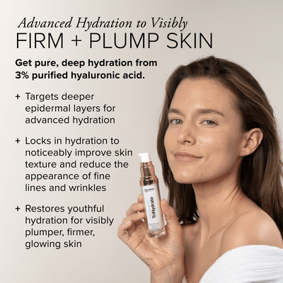 Woman holding a bottle of Trihydrate Concentrate product with text explaining benefits such as advanced hydration and firmer skin