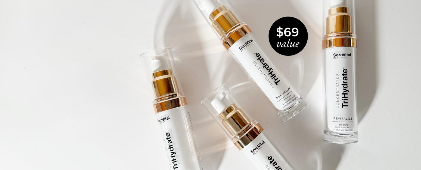 SeroVital Trihydrate skincare products with a price tag on a white background