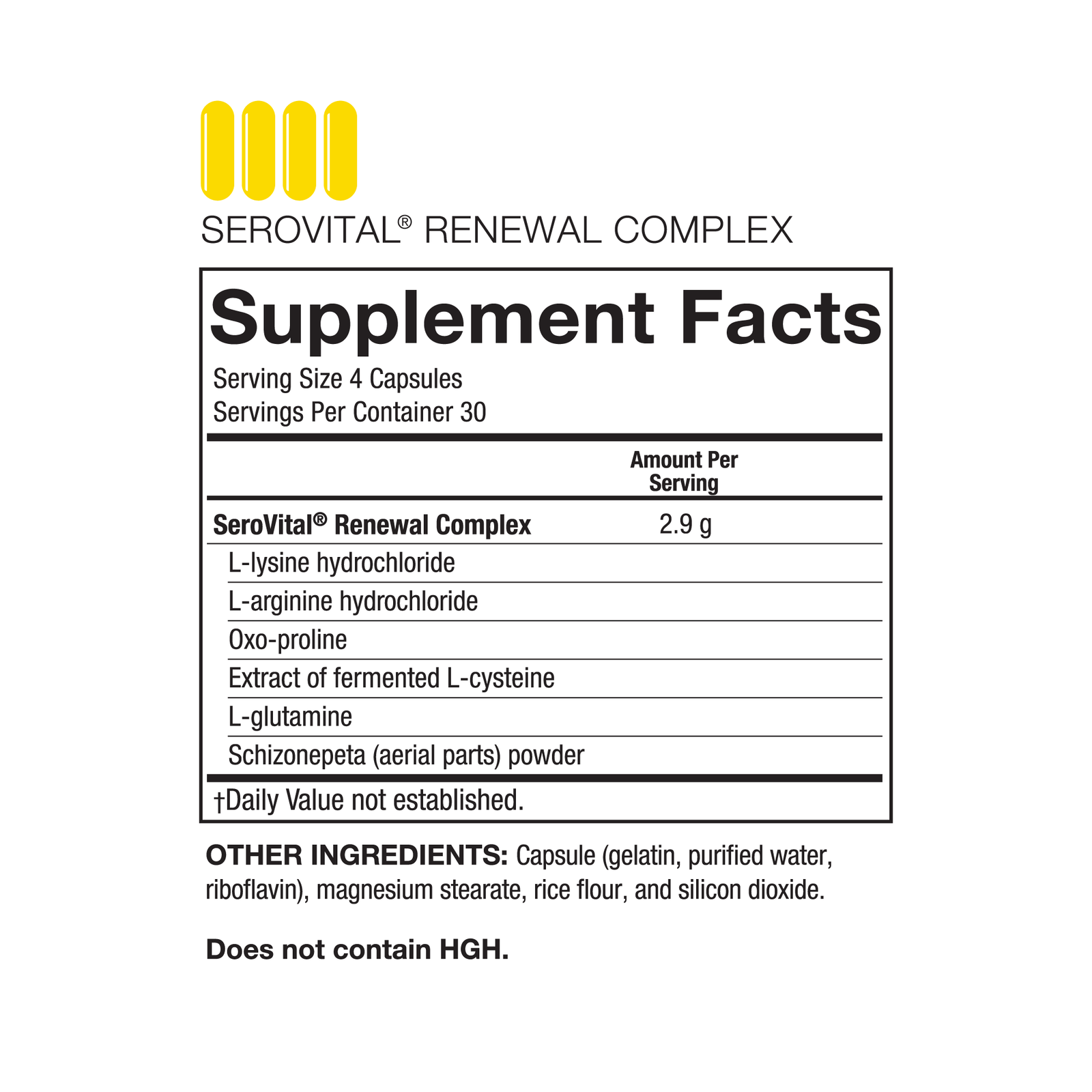 Supplement Facts for SeroVital Renewal Complex. Serving size 4 capsules, 30 servings. Contains L-lysine, L-arginine, Oxo-proline, fermented L-cysteine extract, L-glutamine, and Schizonepeta powder.