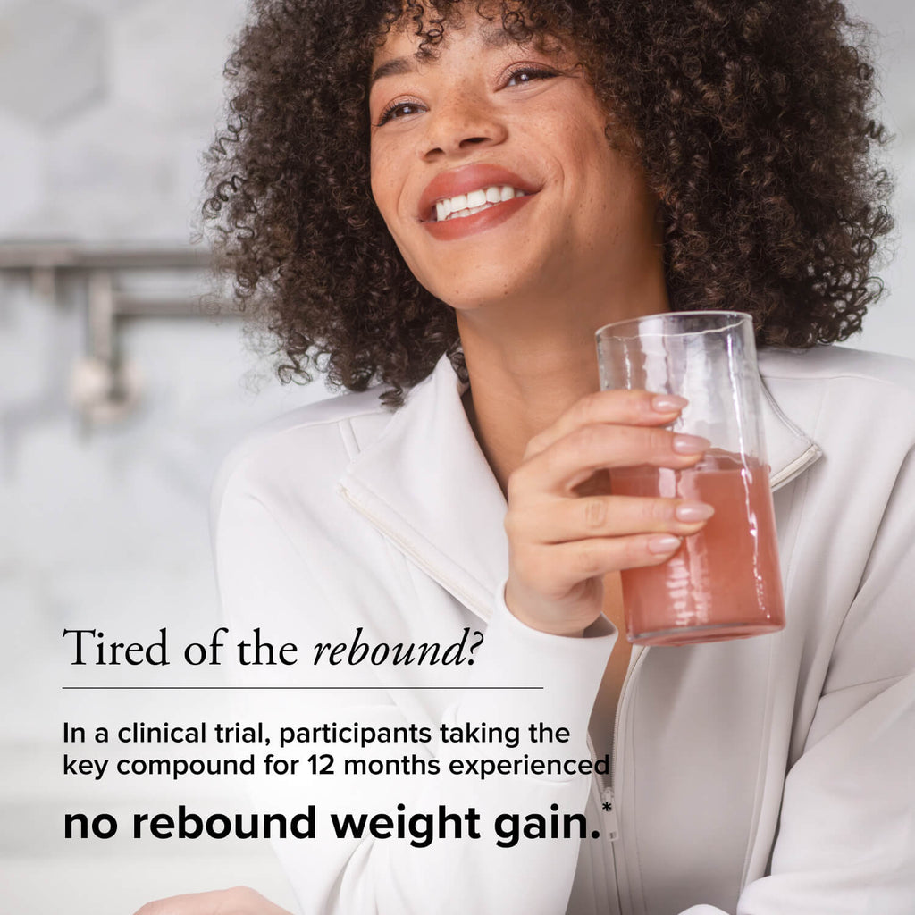 Woman holding a glass of pink liquid with promotional text about weight management.