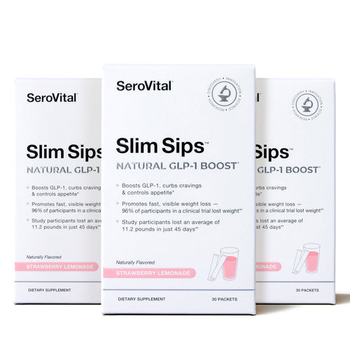 Three boxes of SeroVital Slim Sips Natural GLP-1 Boost strawberry lemonade dietary supplement