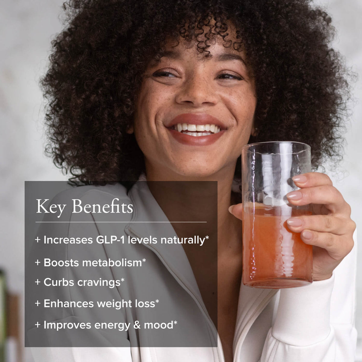 A smiling woman with curly hair holds a glass of Slim Sips liquid while text on the left lists key benefits such as increasing GLP-1 levels, boosting metabolism, curbing cravings, enhancing weight loss, and improving energy and mood.