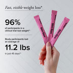 A hand holds three pink Slim Sips slim stick packets against a light gray textured background with promotional text about visible weight loss and clinical trial results.