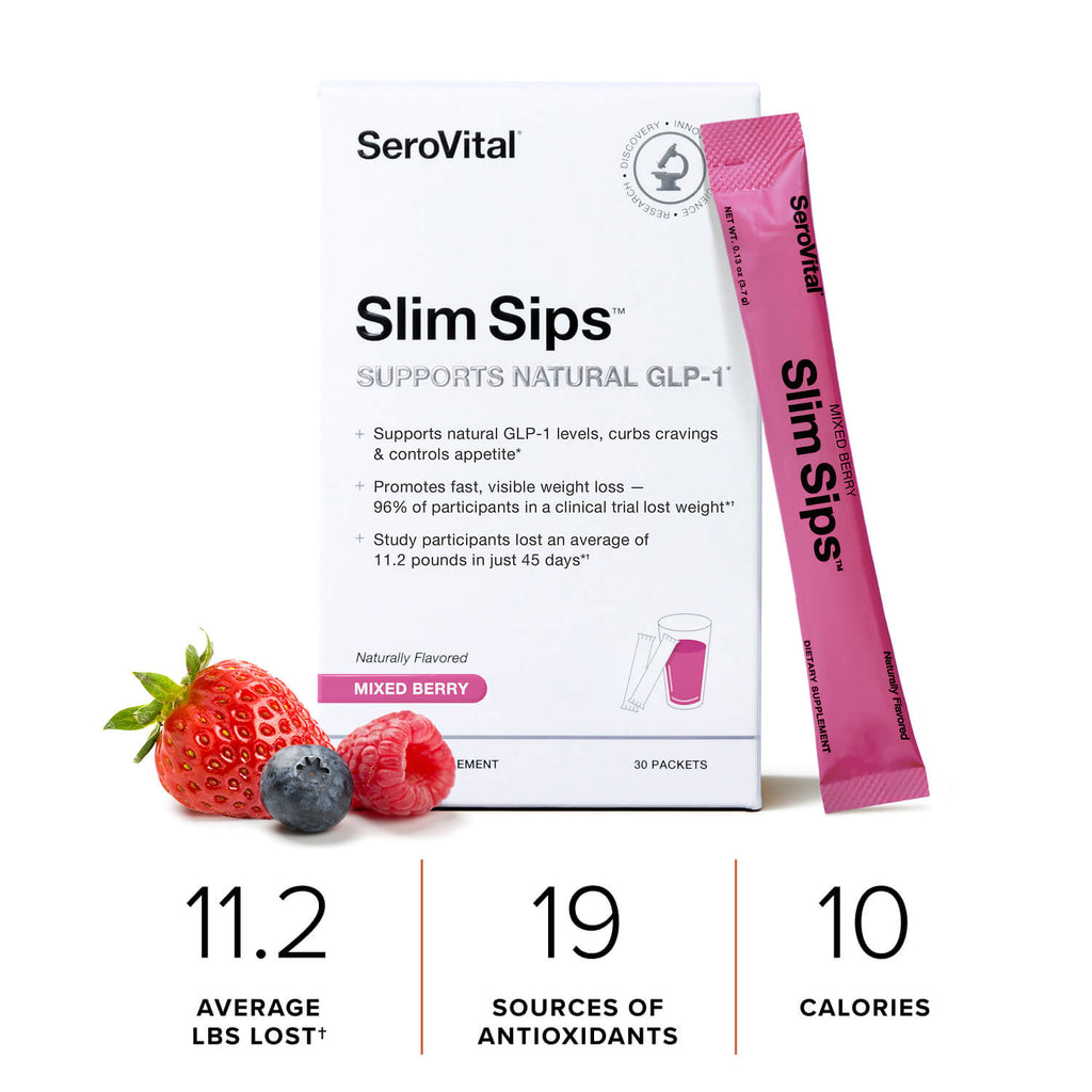 SeroVital Slim Sips Mixed Berry supplement packaging showing a white box, a pink single-serve packet, and fresh berries on a white background with nutritional claims below.