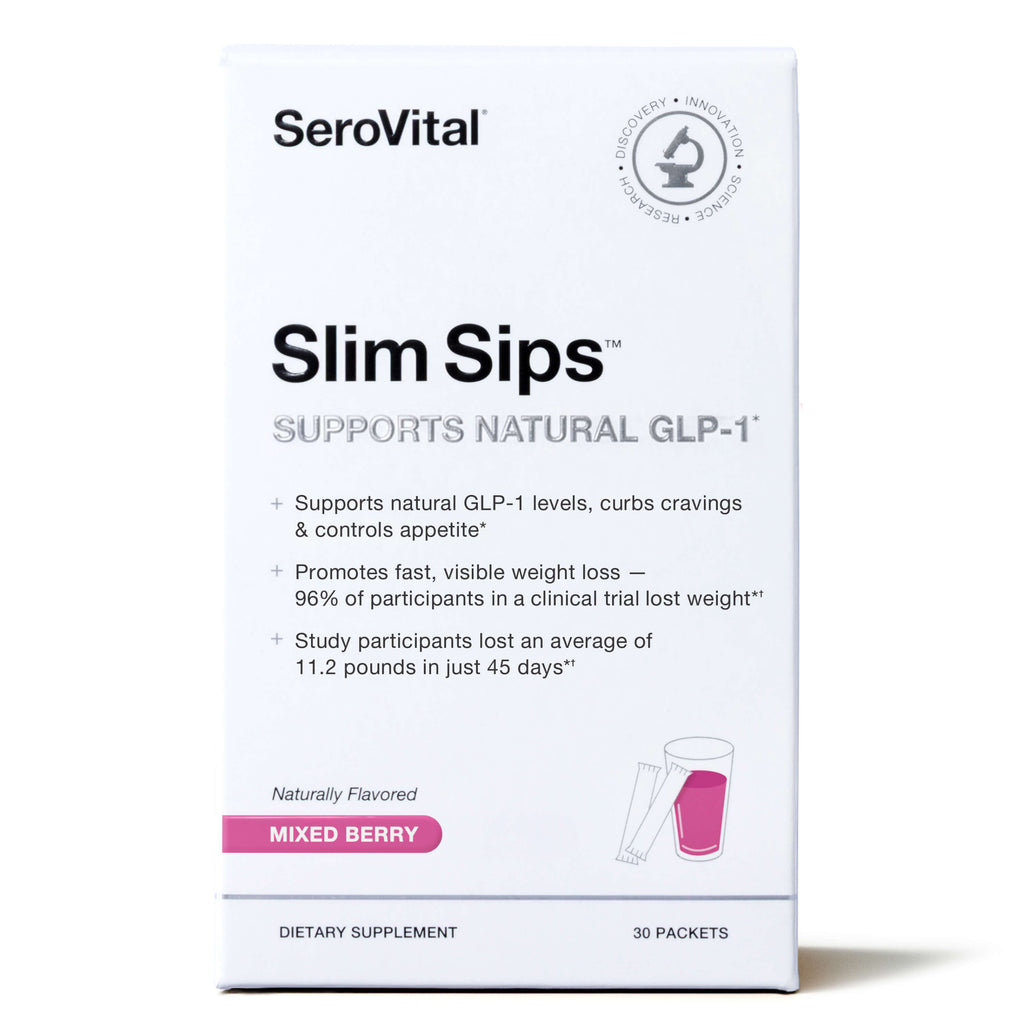 SeroVital Slim Sips Mixed Berry dietary supplement box, 30 packets, on a clean white background.