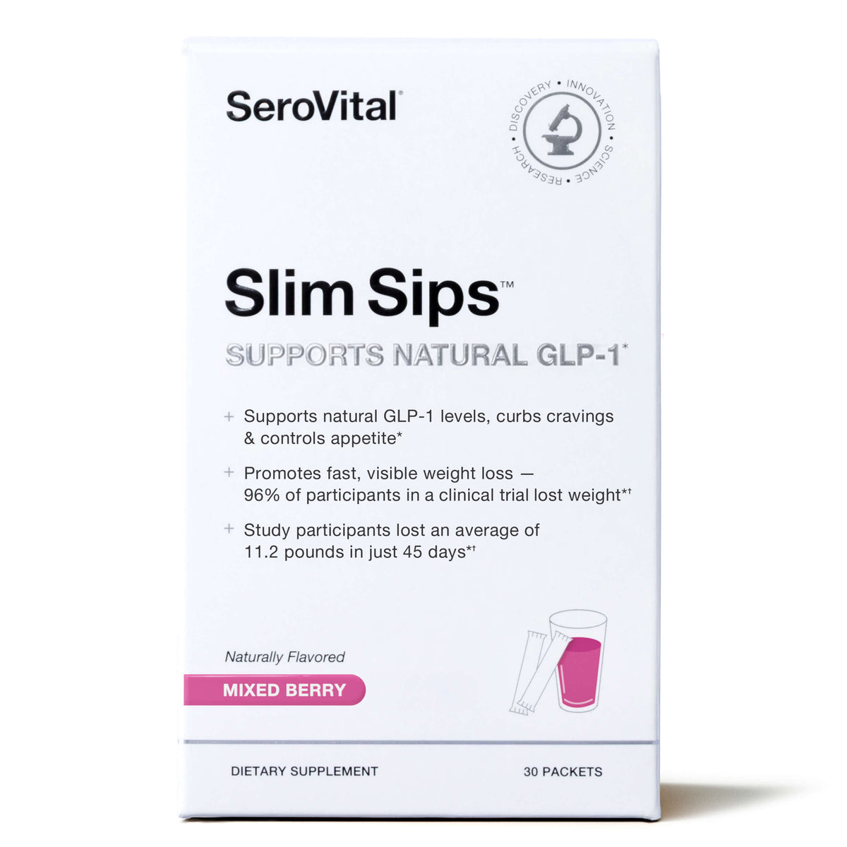 SeroVital Slim Sips Mixed Berry dietary supplement box, 30 packets, on a clean white background.