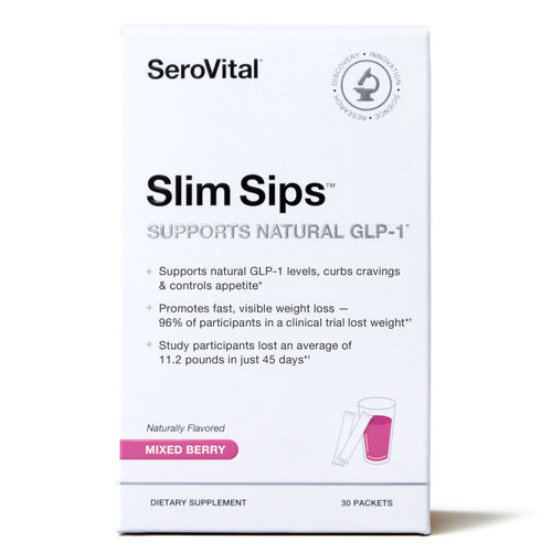 SeroVital Slim Sips Mixed Berry dietary supplement box, 30 packets, on a clean white background.