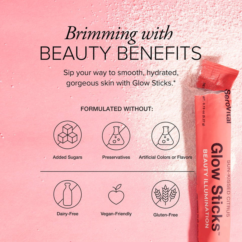 A packet of Glow Sticks next to icons showing the formula is dairy-free, vegan friendly, gluten-free, and formulated without added sugars, preservatives, and artificial colors and flavors. 