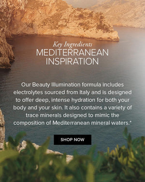 Glowing cliffs surround ocean water, reminiscent of a scene from the Mediterranean to showcase that Glow Sticks contain electrolytes sourced from Italy and trace minerals designed to mimic Mediterranean mineral waters. 