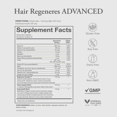 Nutrition information and directions for Hair Regeneres ADVANCED. It's gluten free, soy free, dairy free, non GMO, and cruelty free