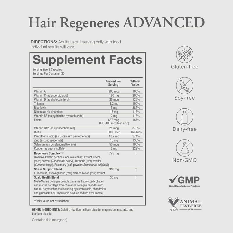 Nutrition information and directions for Hair Regeneres ADVANCED. It&
