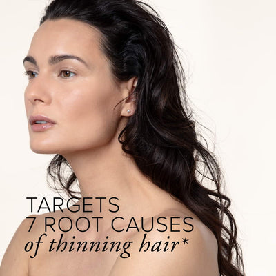 A beautiful white woman with long, dark, thick hair and text showing Hair Regeneres ADVANCED targets 7 root causes of thinning hair
