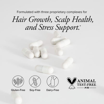 White capsules lying on a grey background with text showing Hair Regeneres ADVANCED is gluten free, soy free, and dairy free, PETA certified.