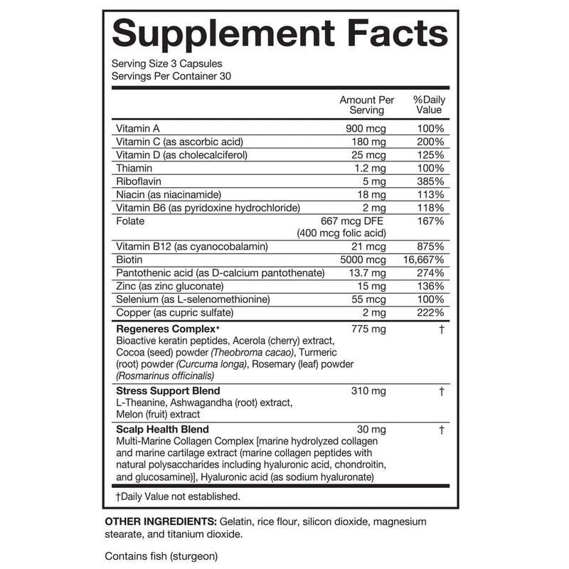 A supplement facts box showing the ingredients in Hair Regeneres ADVANCED.