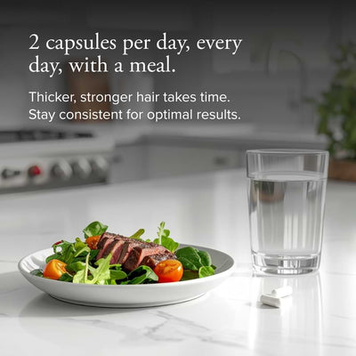 An image illustrating the usage directions: "2 capsules per day, every day, with a meal." A plate with sliced steak and a salad, a glass of water, and two white capsules are shown on a marble countertop in a kitchen. The text advises: "Thicker, stronger hair takes time. Stay consistent for optimal results."