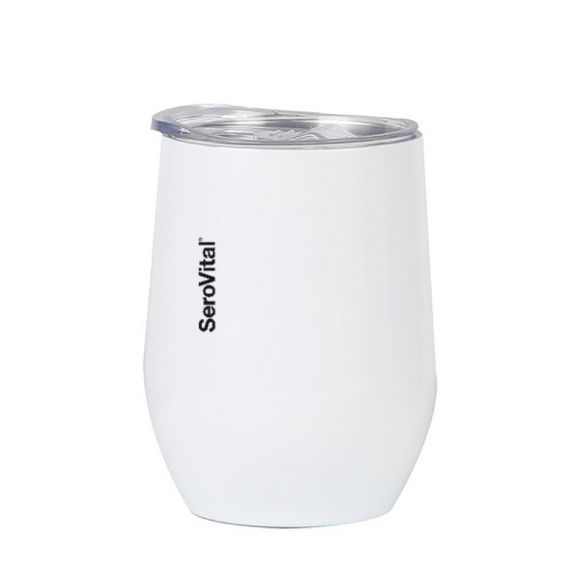 A white SeroVital branded insulated tumbler with a clear lid.