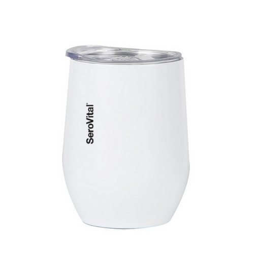 A white SeroVital branded insulated tumbler with a clear lid.