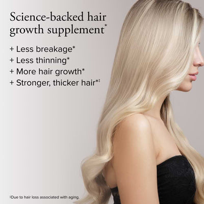 A blonde woman is shown in profile from the shoulders up, highlighting her long, healthy, voluminous platinum blonde hair. Text overlays the image stating the product is a "Science-backed hair growth supplement" and lists benefits: "Less breakage," "Less thinning," "More hair growth," and "Stronger, thicker hair."