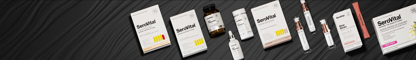 SeroVital anti-aging supplements and skincare products, including SeroVital ADVANCED, SKIN REVIVE, Hair Regeneres, Glow Sticks, and Rapid Dissolve Powder, displayed on a black background.