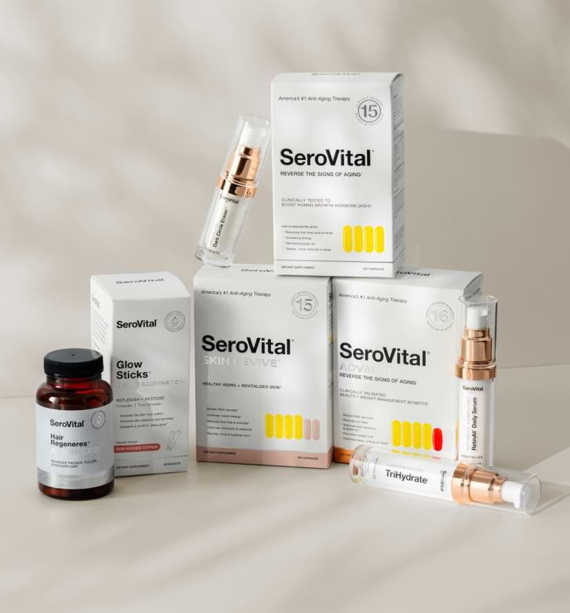 A collection of SeroVital anti-aging supplements and skincare products, including boxes for SeroVital Advanced, Skin Revive, and bottles/containers for serums and hair supplements.