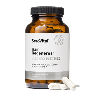 SeroVital Hair Regeneres ADVANCED dietary supplement bottle with 3 capsules on a white background