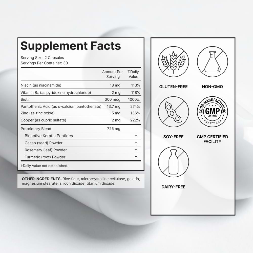 Supplement Facts panel for SeroVital Hair Regeneres, showing key nutrients like Biotin (300 mcg, 1000% DV), Zinc, Niacin, and a 725 mg Proprietary Blend including Bioactive Keratin Peptides, Cacao Powder, Rosemary Powder, and Turmeric Powder. Icons on the right indicate the product is Gluten-Free, Non-GMO, Soy-Free, Dairy-Free, and manufactured in a GMP Certified Facility.