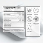 Supplement Facts panel for SeroVital Hair Regeneres, showing key nutrients like Biotin (300 mcg, 1000% DV), Zinc, Niacin, and a 725 mg Proprietary Blend including Bioactive Keratin Peptides, Cacao Powder, Rosemary Powder, and Turmeric Powder. Icons on the right indicate the product is Gluten-Free, Non-GMO, Soy-Free, Dairy-Free, and manufactured in a GMP Certified Facility.