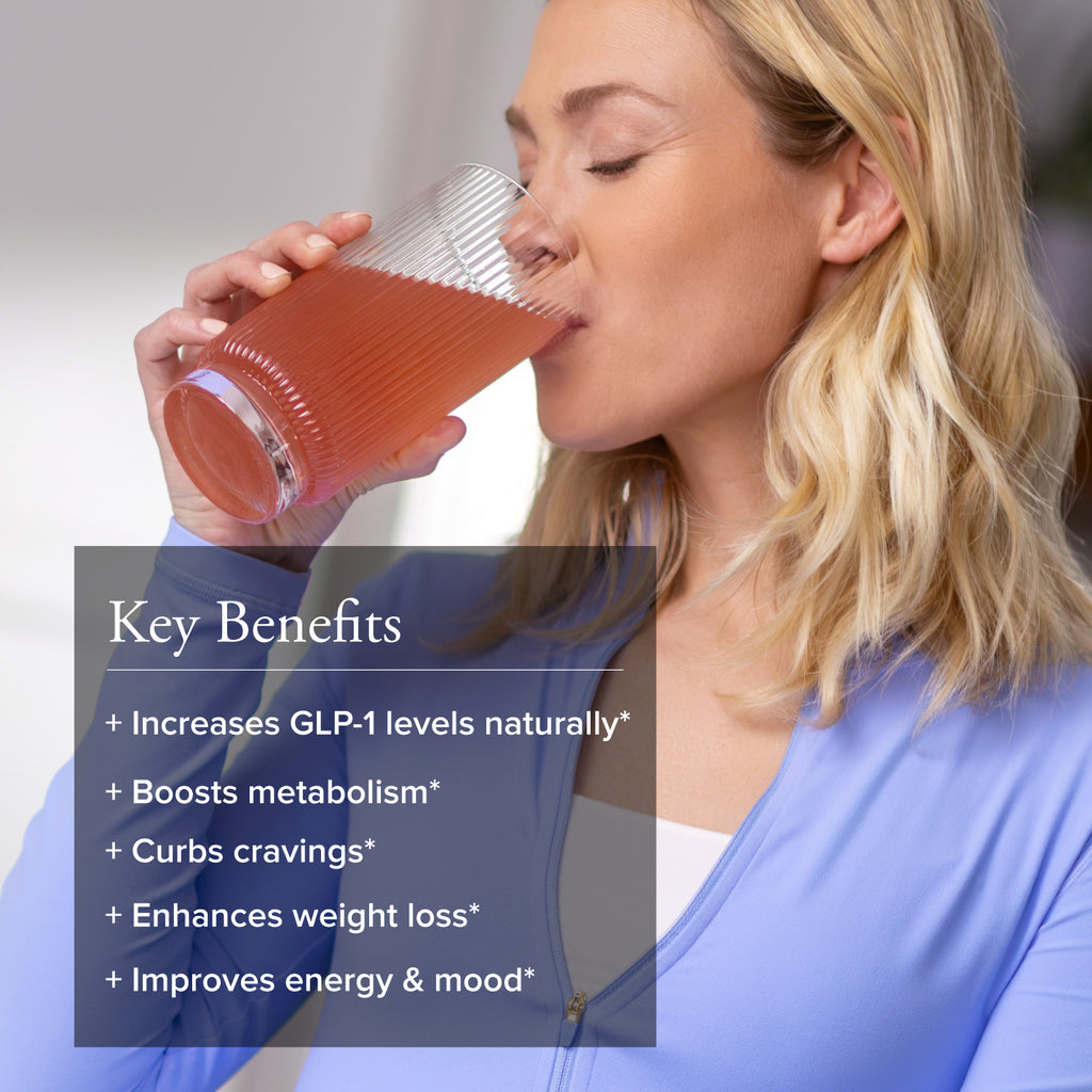 Woman drinking a red beverage with text overlay about health benefits on a gray background