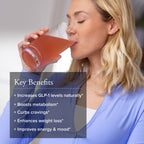 Woman drinking a red beverage with text overlay about health benefits on a gray background