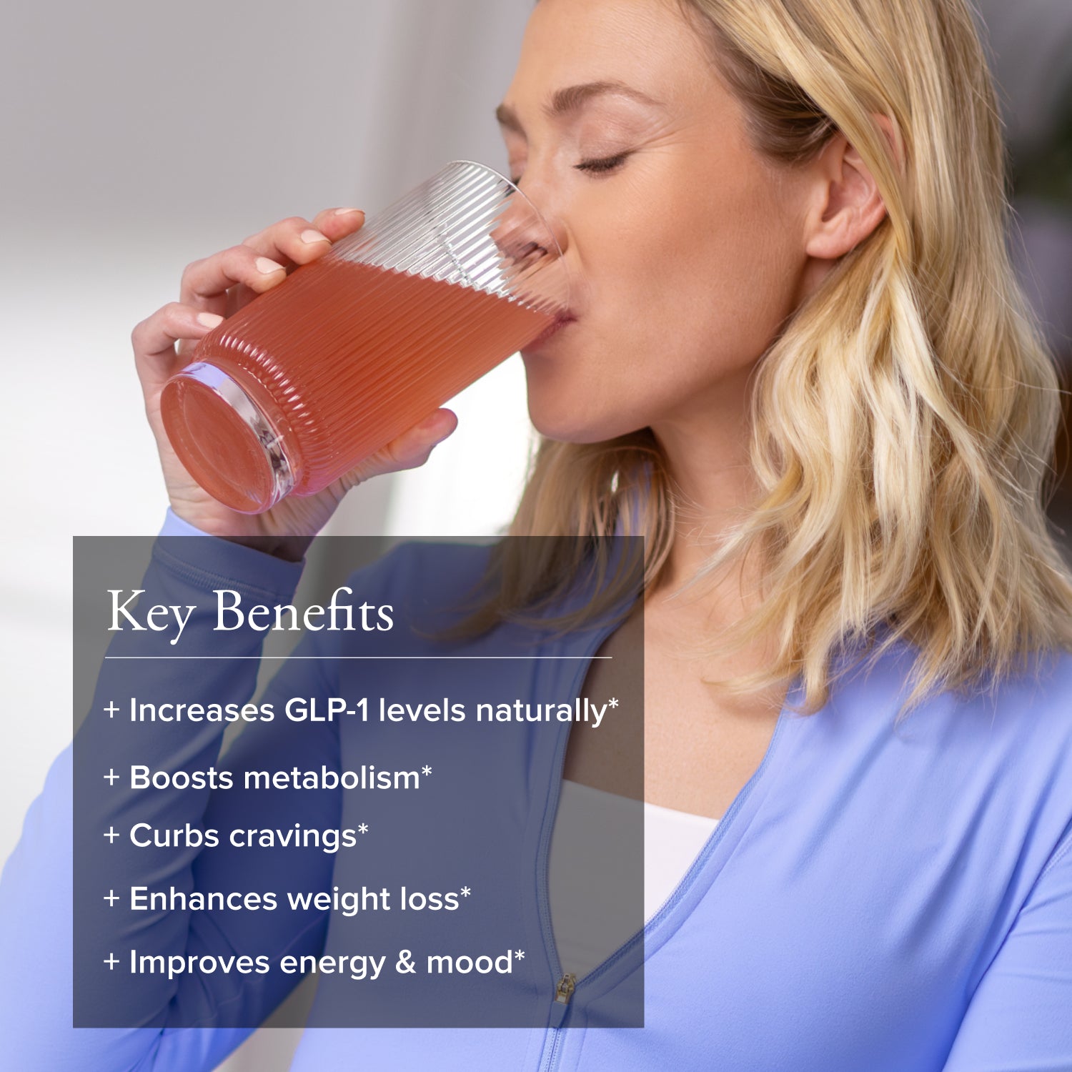 Woman drinking a red beverage with text overlay about health benefits on a gray background